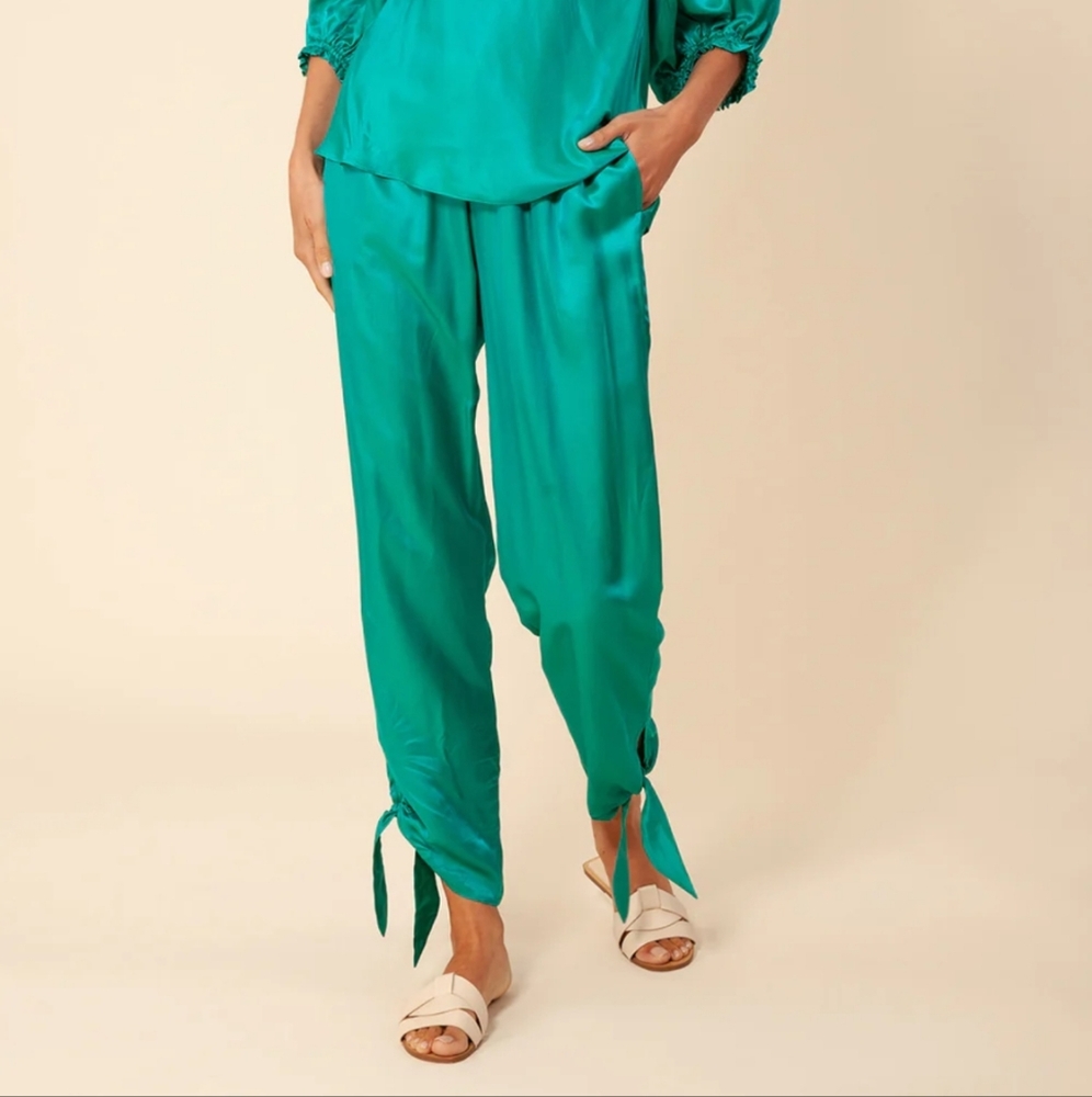 Hale Bob Tanea Solid Silk Pants L Kelly Green
